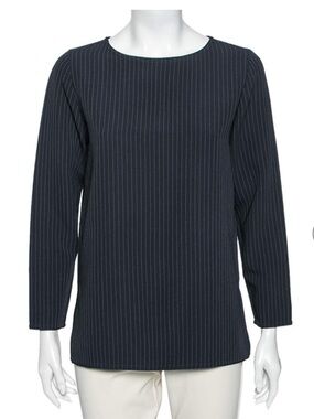 Max Mara Womens Round Neck Pinstripe Navy Blue Blouse/White Sz 8